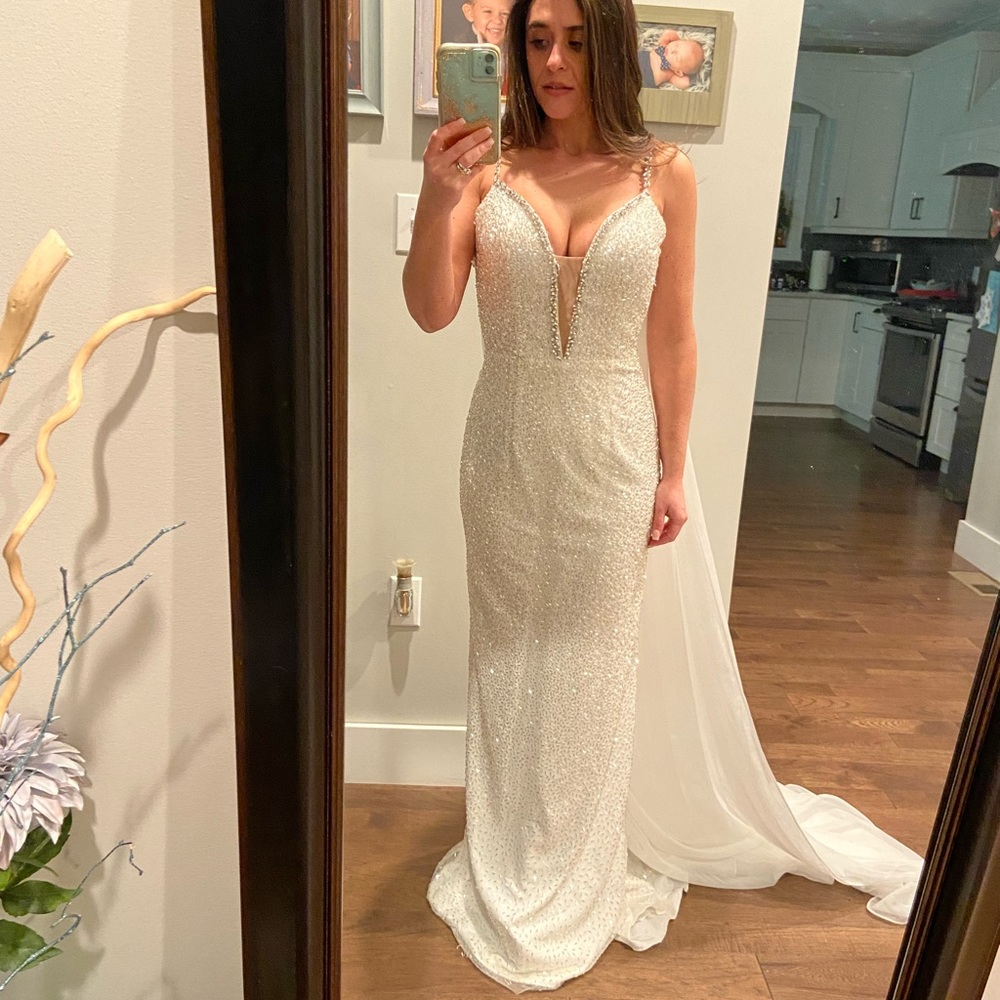 Sherri Hill Size 2 White Beaded with long cape